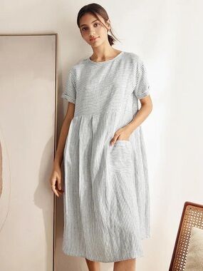 NWT Lintico Sz L White Blue Striped Coastal 100% Linen Midi Relaxed Dress